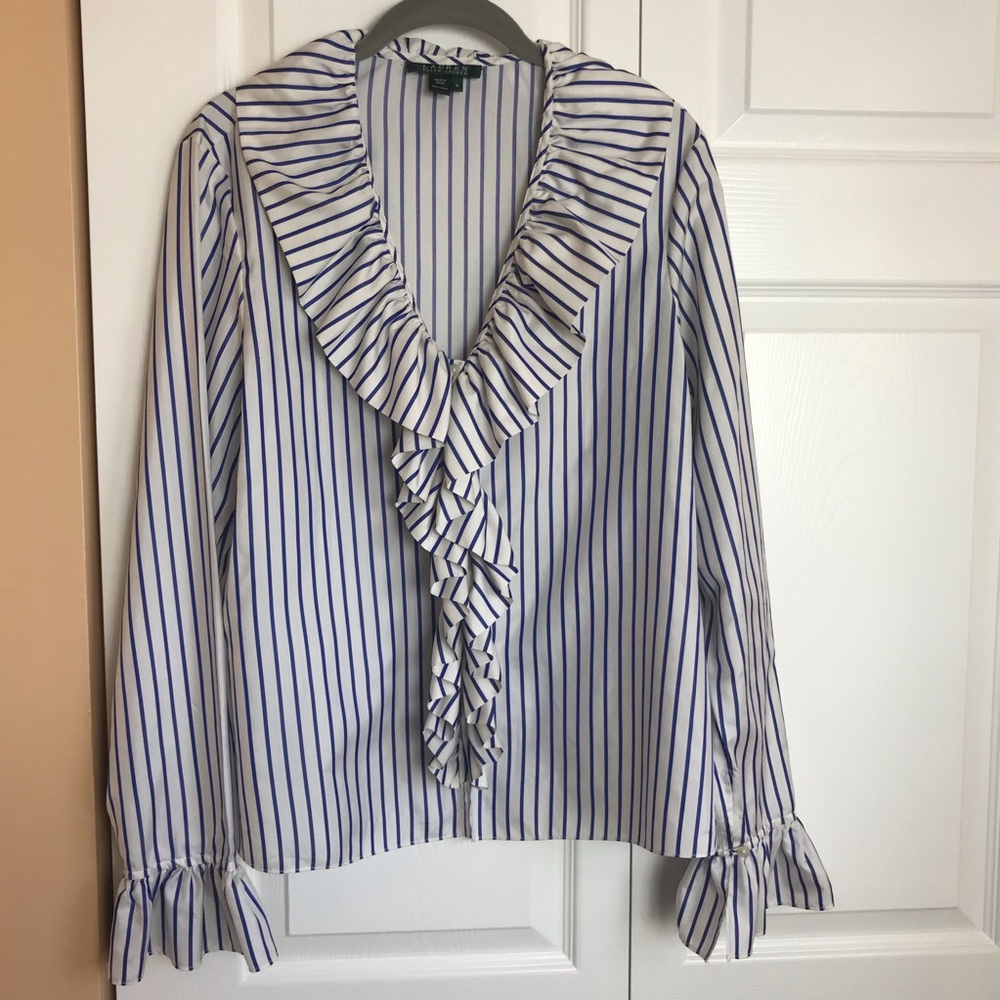 Ralph Lauren Linen Cottage Core Ruffled Striped Blouse Size 14 EUC